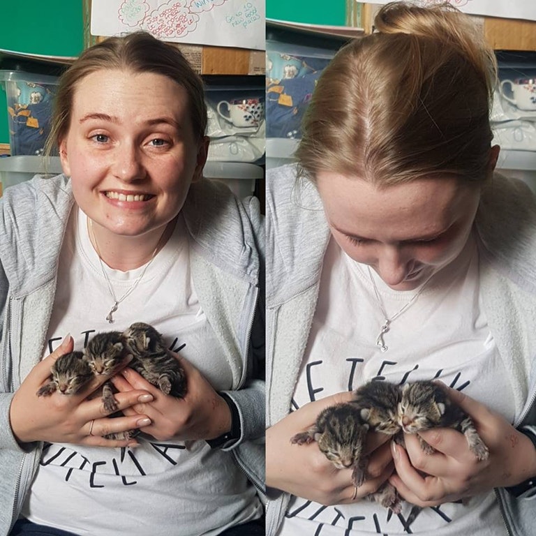 Jasmine holding 3 newborn kittens